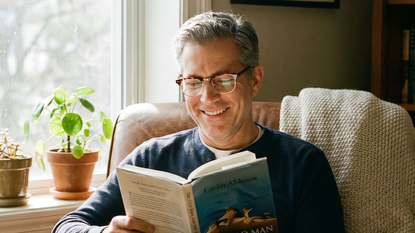 a man is reading with glasses on sofa in warm natural light