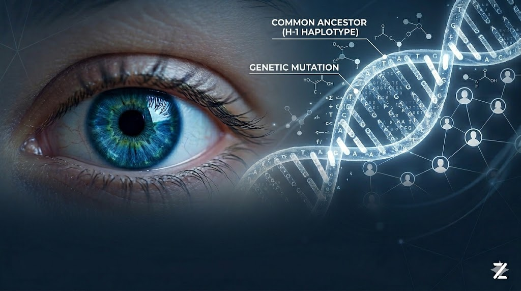 The striking blue human eye and H-1 haplotype DNA structure, representing the genetic truth | ZEELOOL