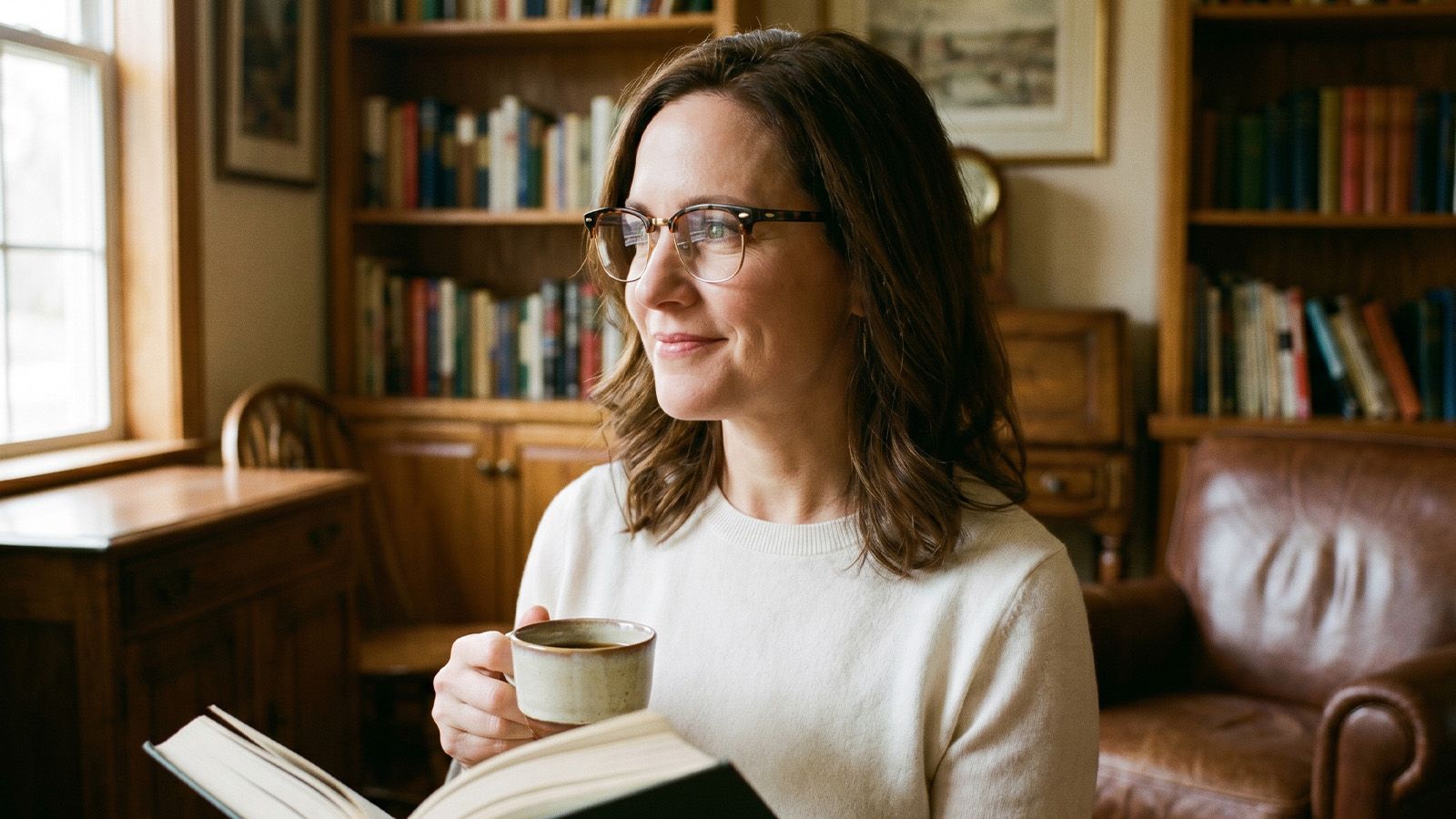 woman wearing classic browline glasses in study setting