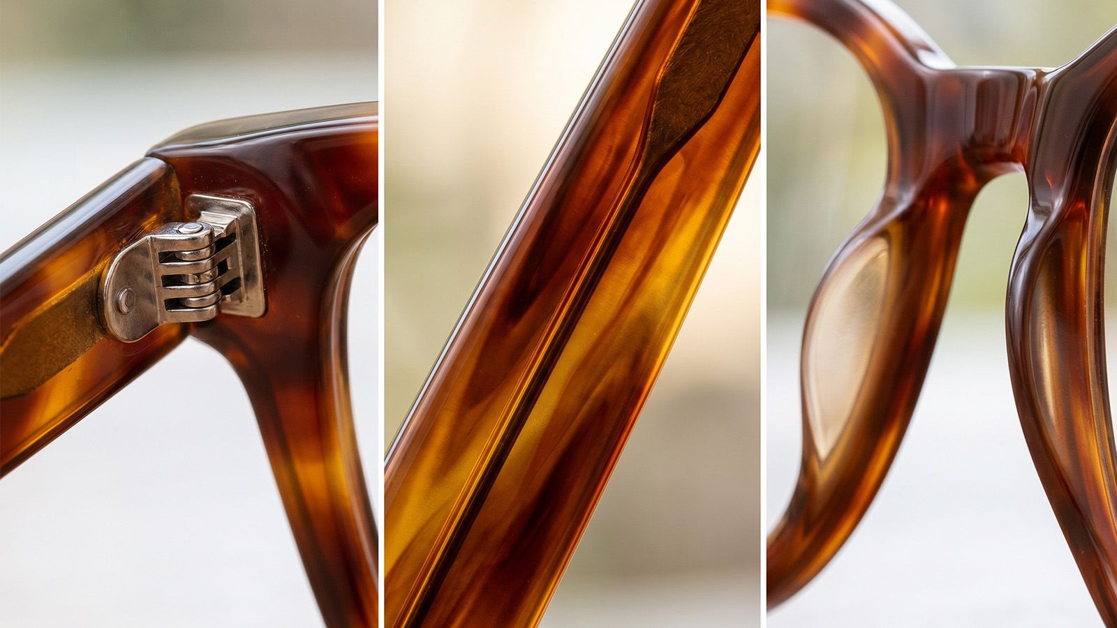 Close-up details of quality eyeglass frames: spring hinge, acetate texture, and polished nose bridge.