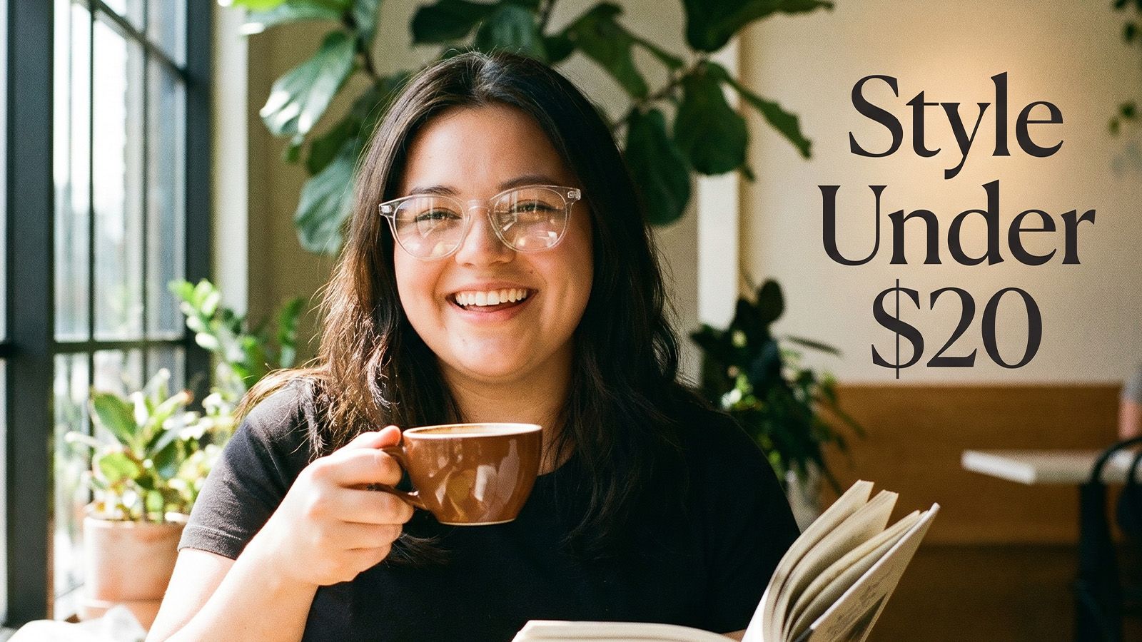Confident round-face woman wearing clear frames glasses, smiling in a sunny café, styled under $20.