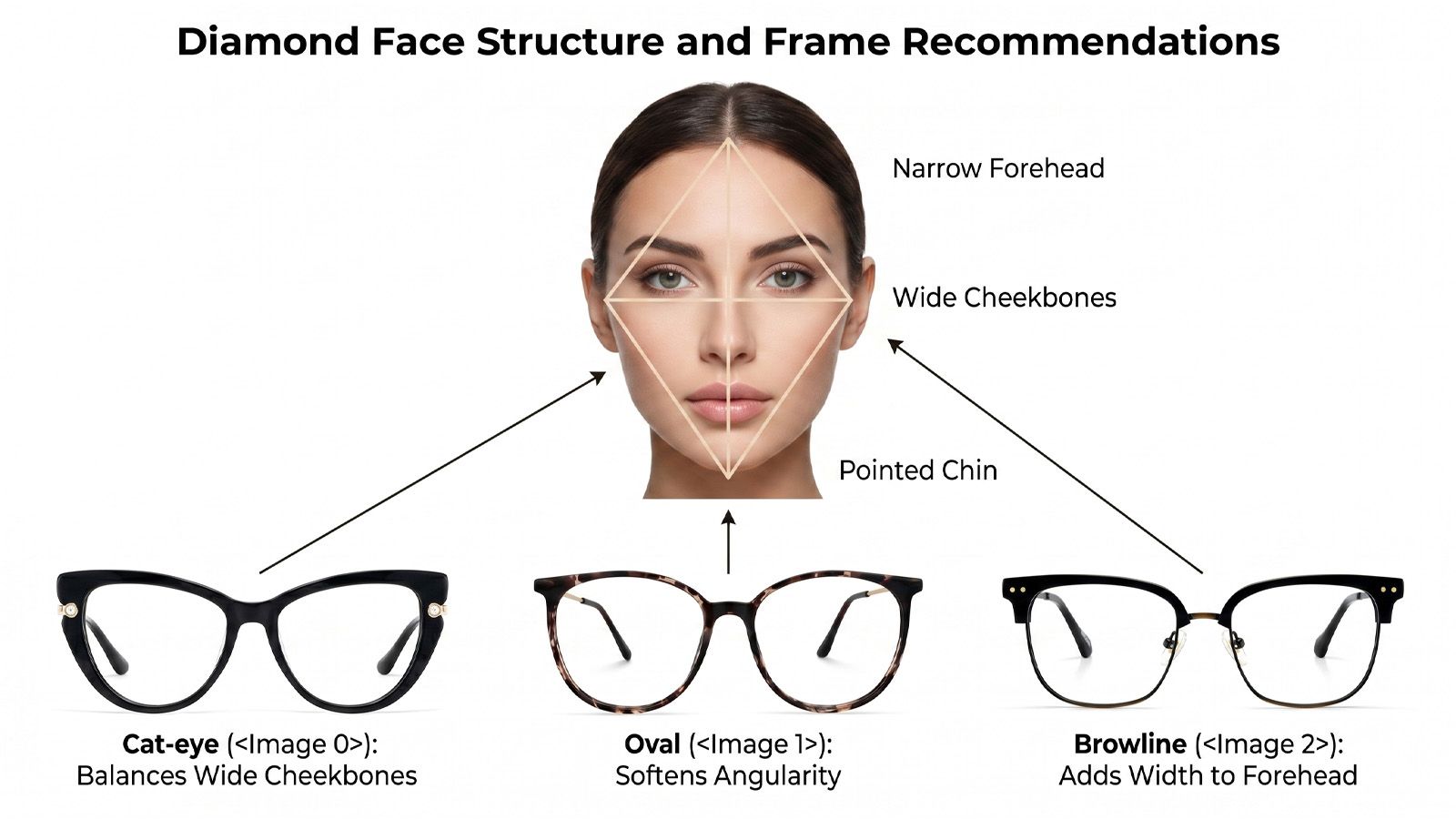 Diamond face diagram with cat-eye, oval, browline frame suggestions