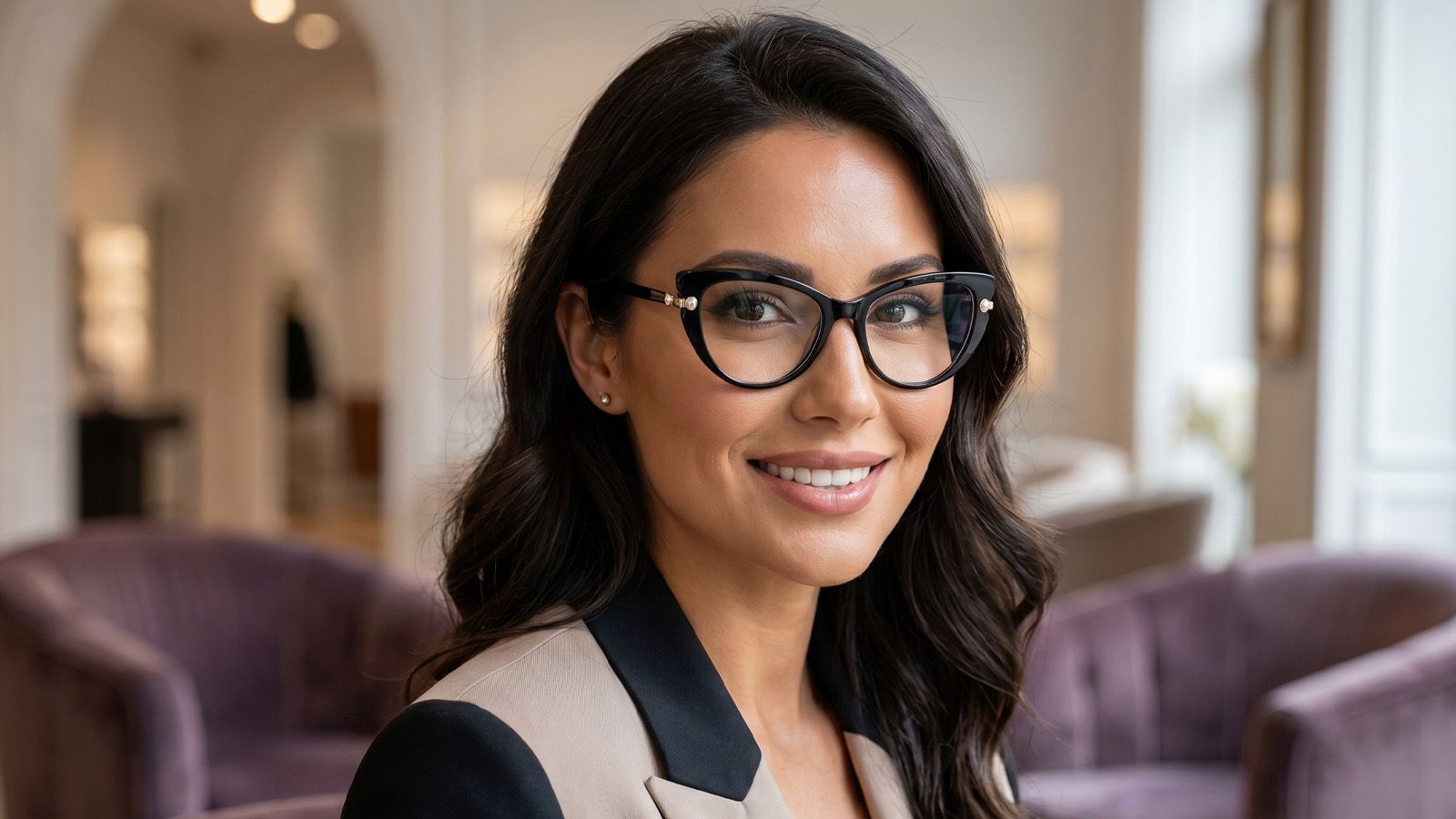 Diamond-faced model in cat-eye frames that flatter high cheekbones