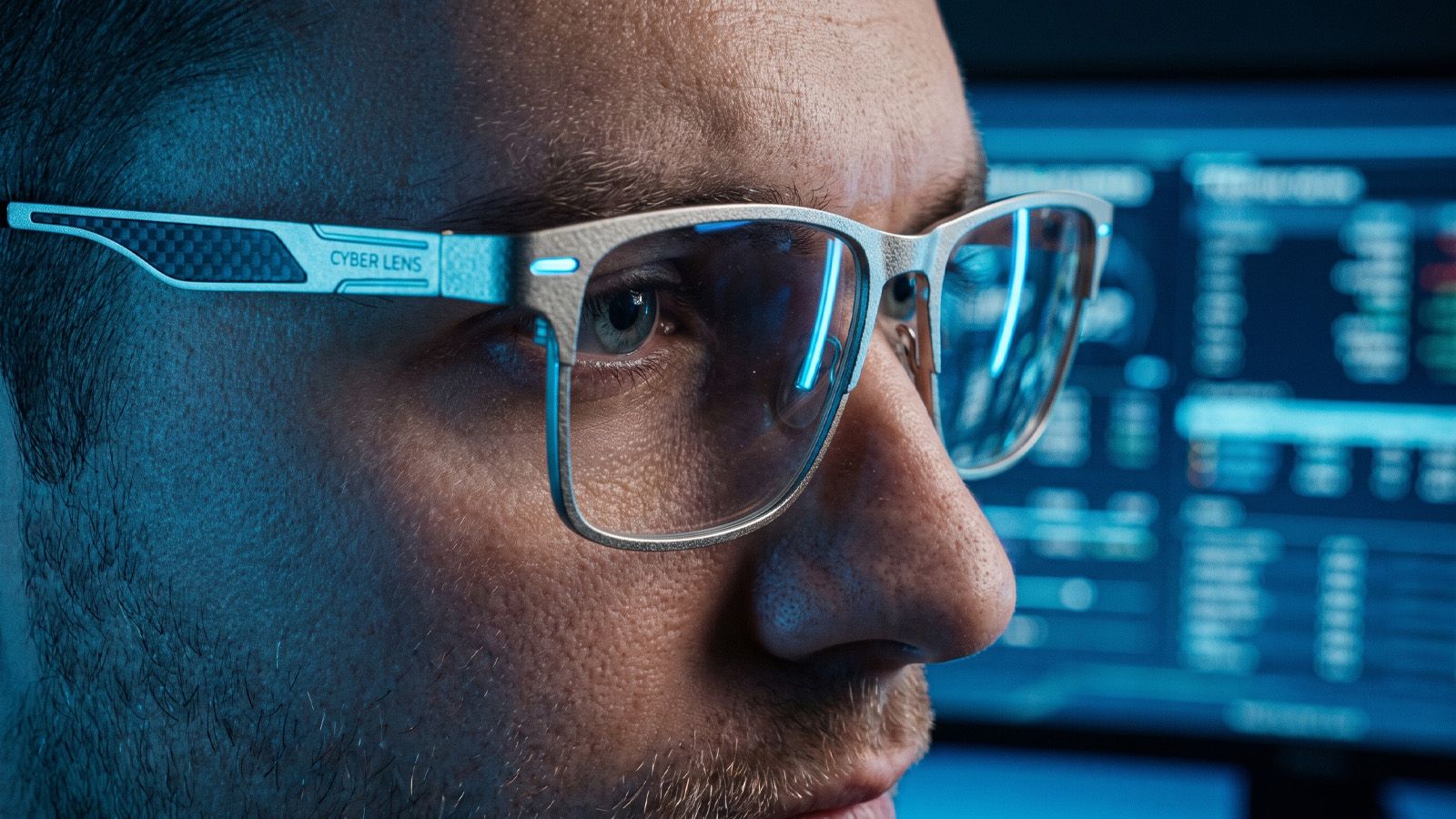 Gamer in metal frames with cold blue monitor light in the background