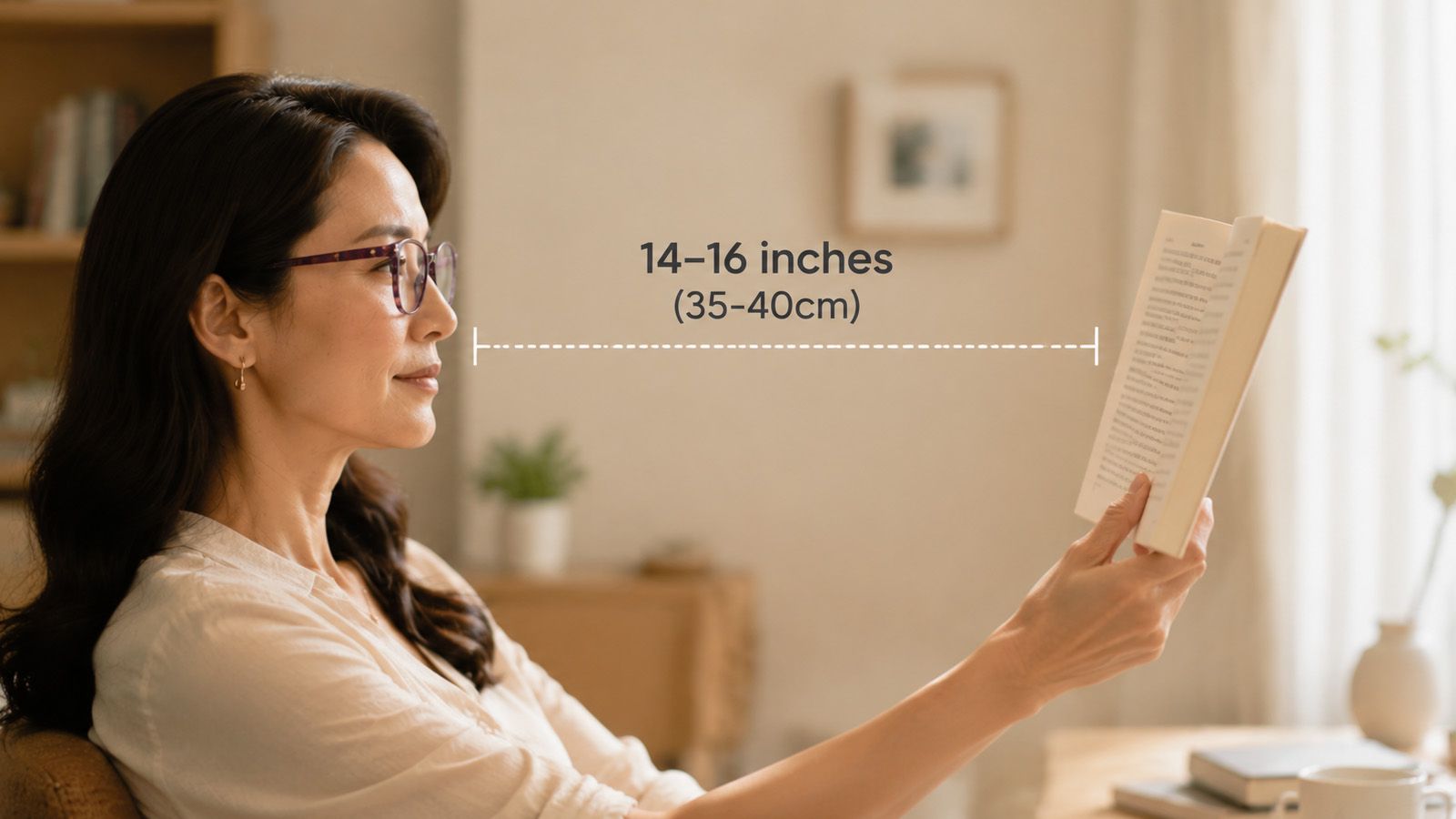 Hand and book with ruler showing 14–16 inch ideal reading distance