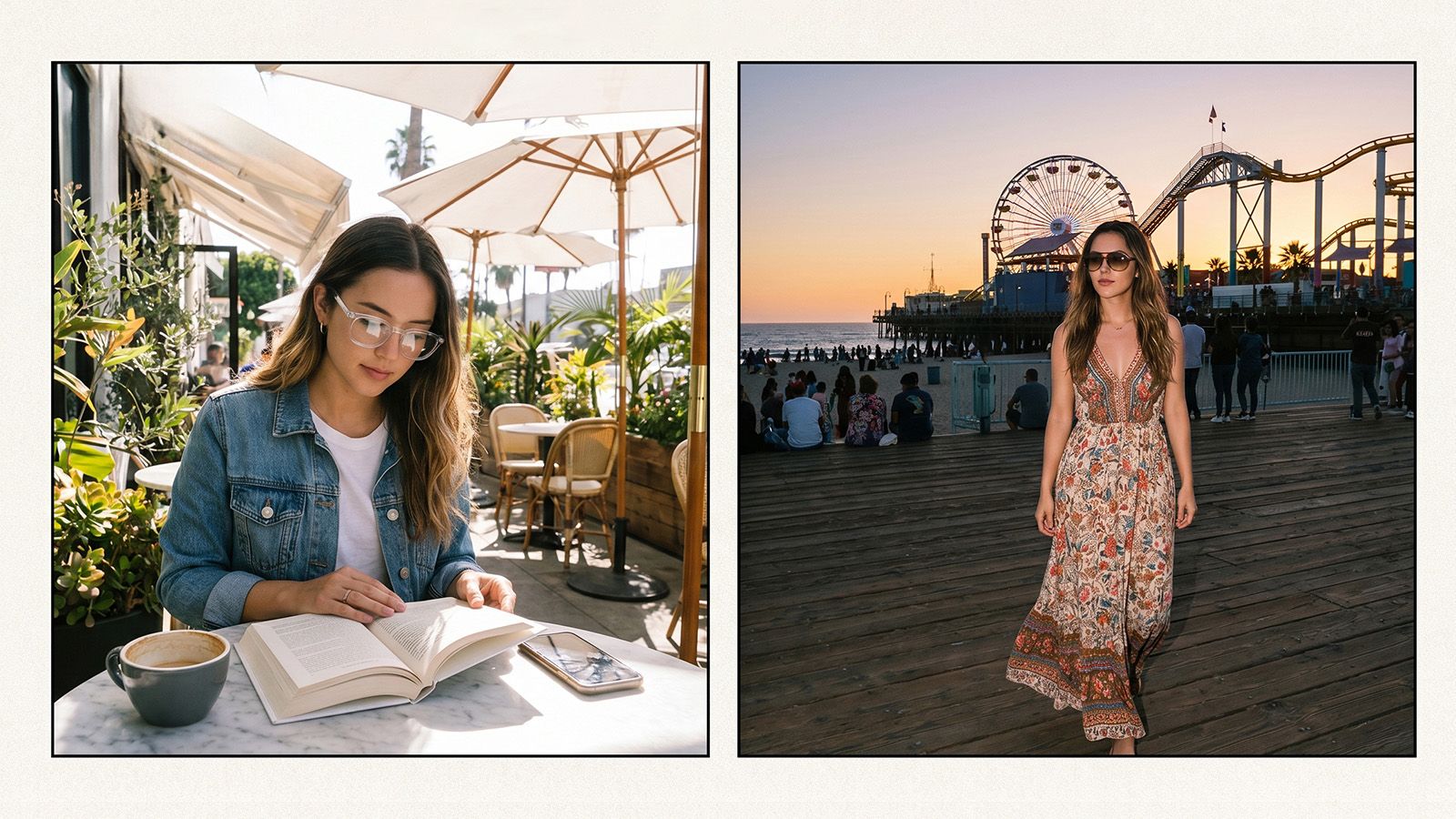 Lifestyle collage: Clear prescription frames at an LA cafe and tinted aviator sunglasses at Santa Monica Pier sunset.