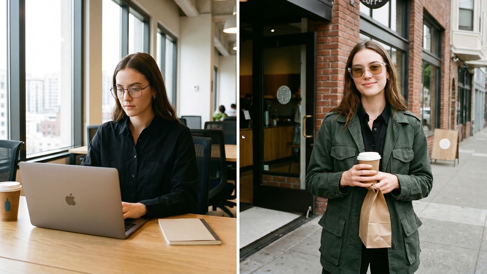  Situational collage of a female model in San Francisco. Left: Matte black metal square glasses at a WeWork office window with Bay Bridge view, working on a MacBook with a Blue Bottle Coffee cup. Right: Clear acetate sunglasses with amber tint lenses in the Mission District, outside Sightglass Coffee, wearing an olive utility jacket and holding a takeout cup.