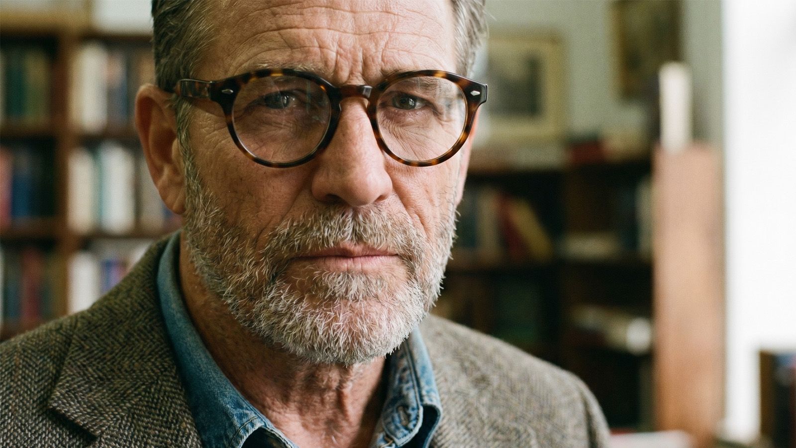 Man in a close-up portrait wearing face-flattering eyeglasses