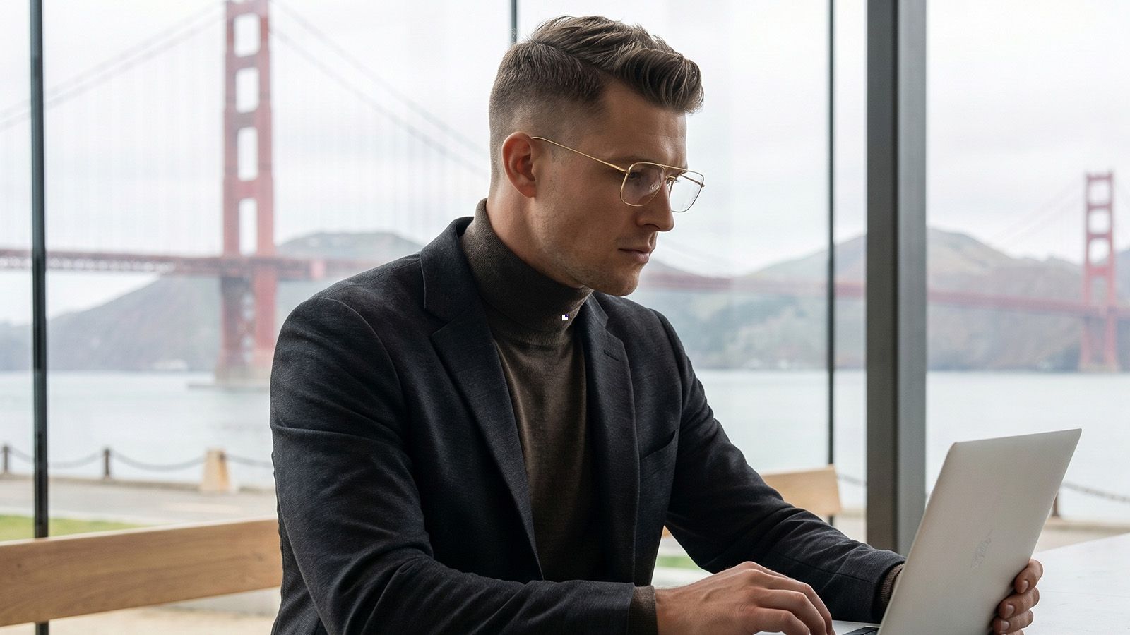 Minimalist metal wire-rim glasses worn by a tech-chic male model with a navy tech jacket and turtleneck, working on a MacBook. Blurred Golden Gate Bridge visible through the window of a modern designed cafe. San Francisco tech style with sleek, ultra-thin laptop.