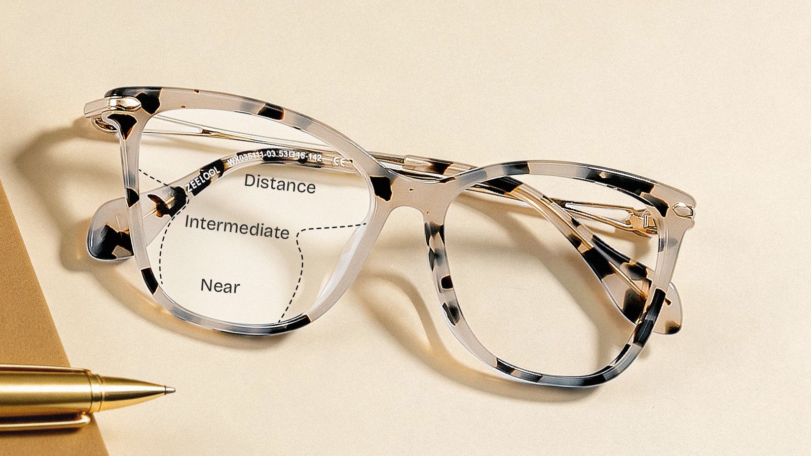 Progressive lens diagram with distance, intermediate, and near zones
