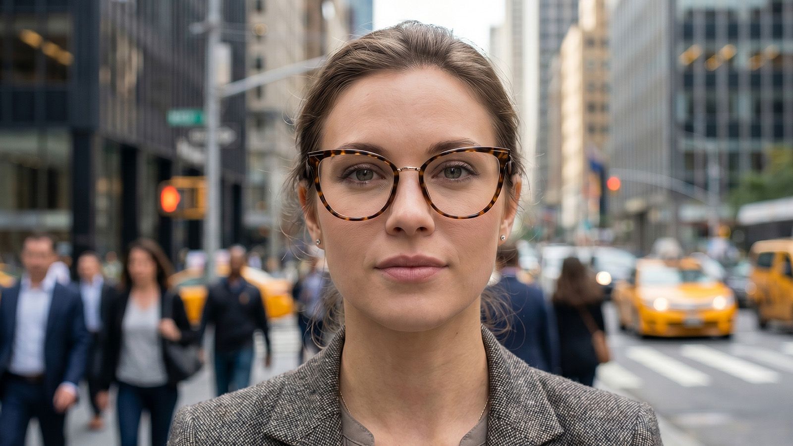 Round-face woman wearing cat-eye prescription glasses on a modern US city street, stylish commuter look.