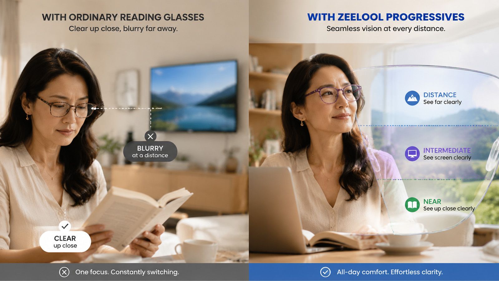 Single readers vs. progressive lens: blurry vs. seamless vision zones