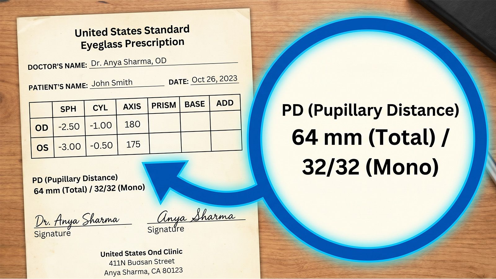Standard US eyeglass prescription form with PD pupillary distance highlighted in blue circle.