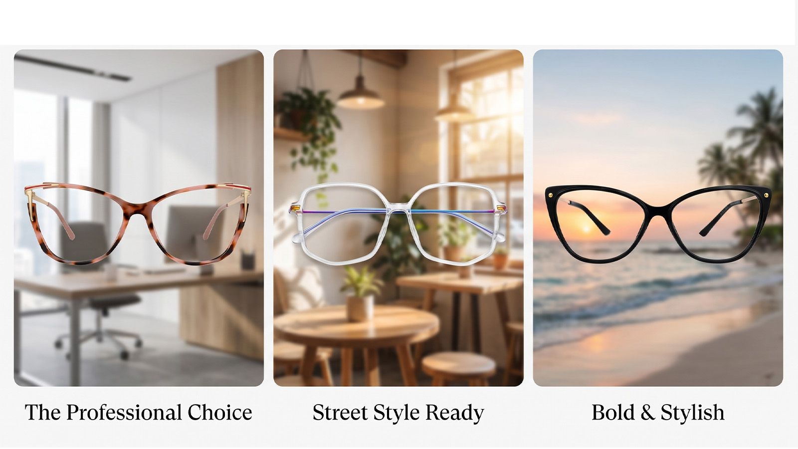 Three Zeelool eyewear styles: black professional frames, oversized casual clear frames, and bold geometric cat-eye glasses
