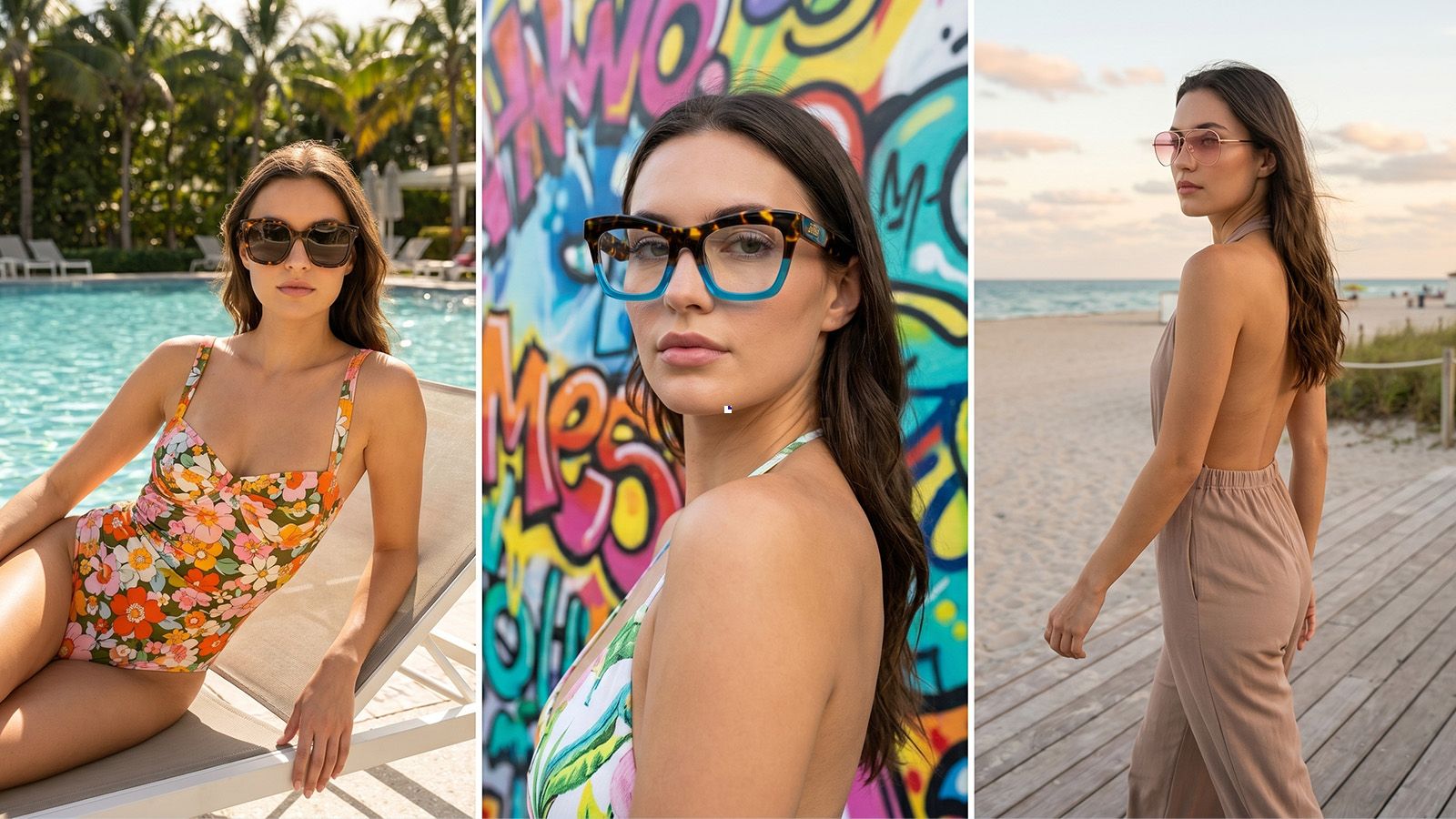 Three-panel collage showcasing a day of Miami eyewear fashion. Left: oversized tortoiseshell sunglasses by a pool. Center: colorful bold acetate frames at Wynwood Walls. Right: lightweight metal aviator sunglasses with tinted lenses on South Beach boardwalk.