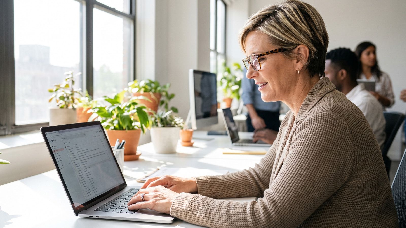 Woman in her 50s in progressive glasses using a laptop at the office