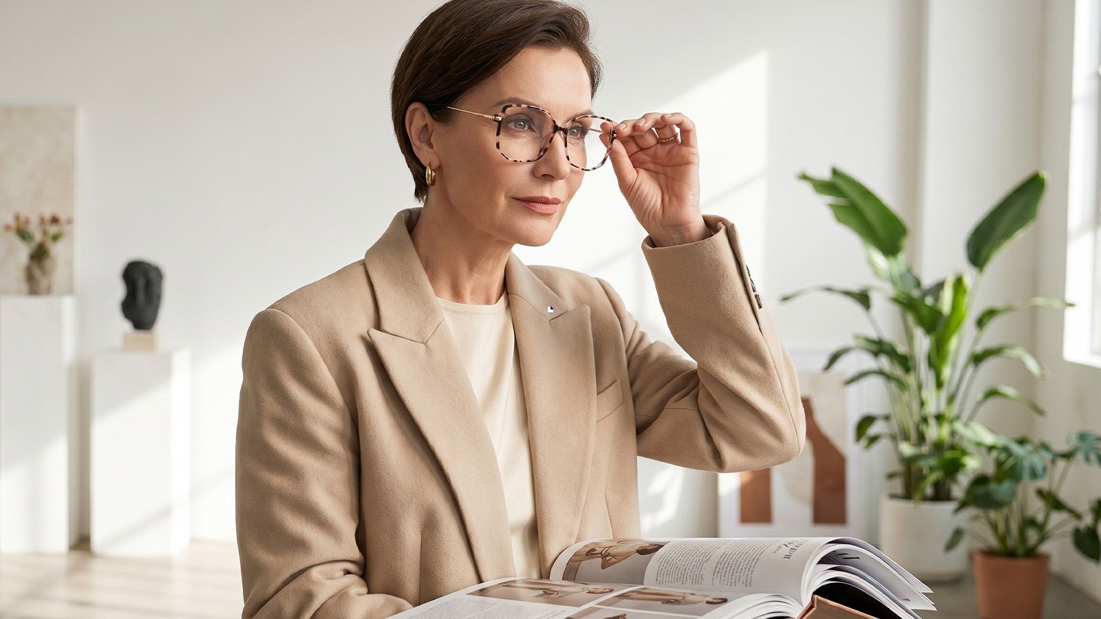 Woman wearing Zeelool 2026 trendy reading glasses in geometric frames, holding a fashion magazine showing 2026 trends.