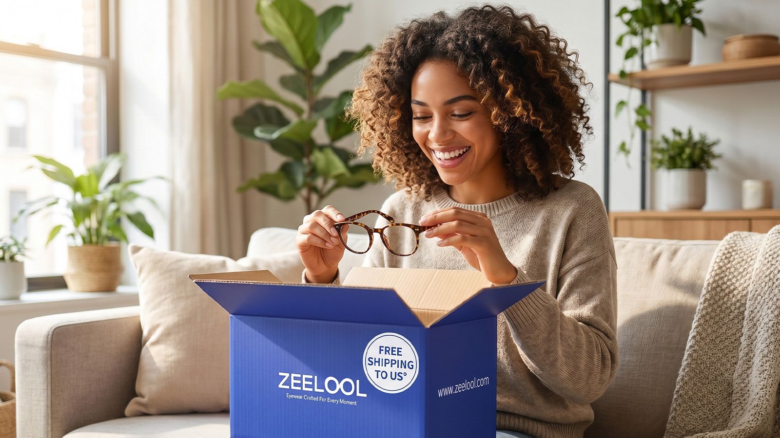 A happy woman unboxing a ZEELOOL package in a US home, highlighting Free Shipping to the US and trendy glasses frames