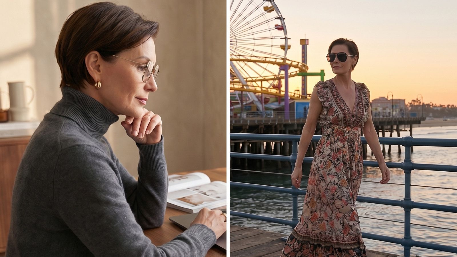 Zeelool reading glasses versatility: working at home desk and walking Santa Monica Pier in aviator sunglasses