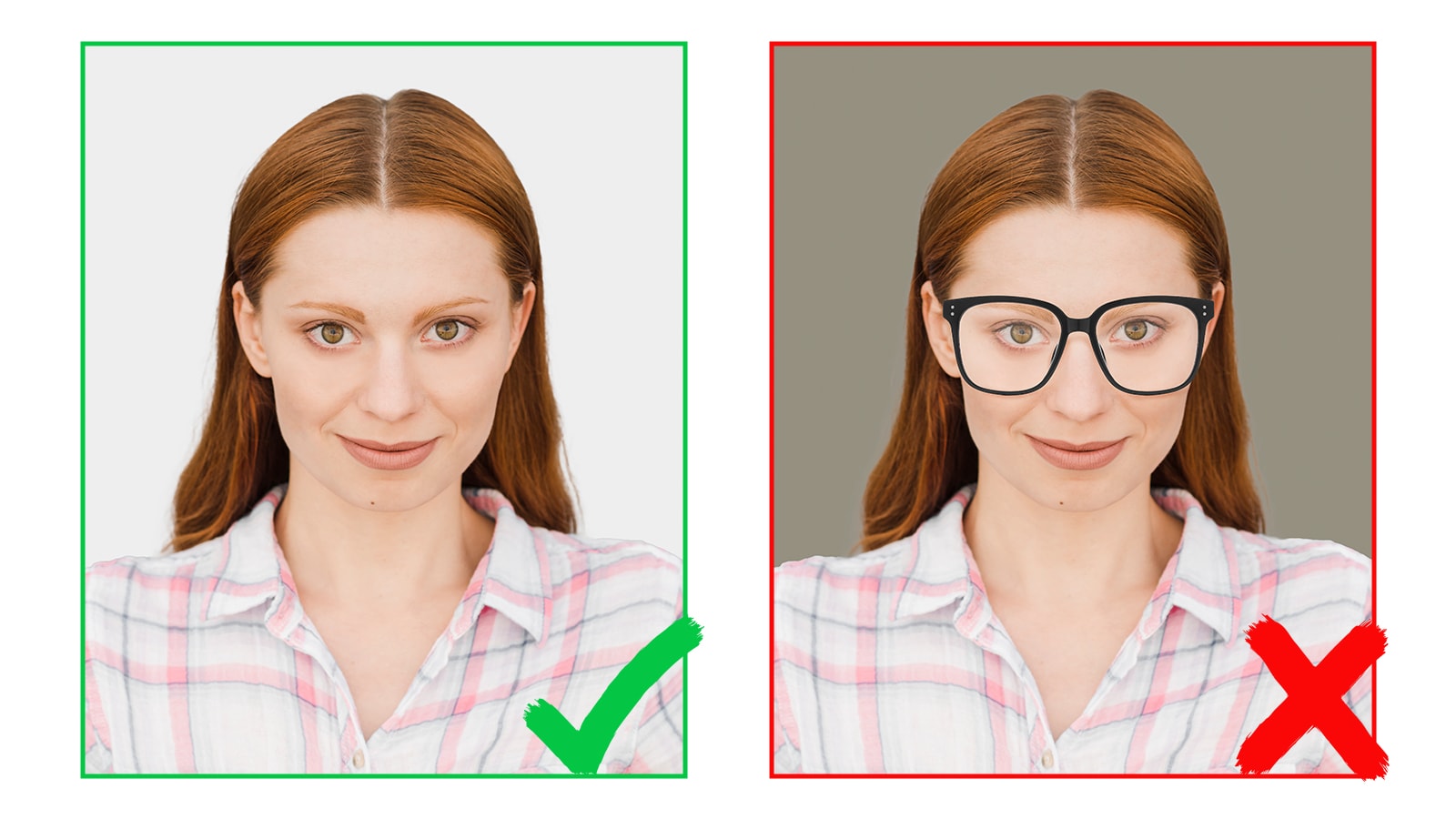 a correct passport photo next to an incorrect one with eyeglasses