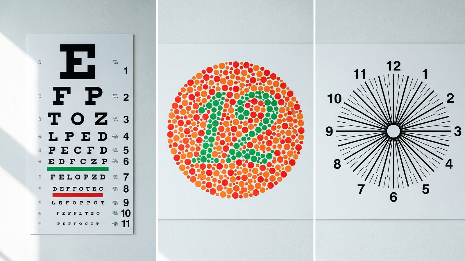 Acuity chart, Ishihara color plate, and astigmatism clock dial collage