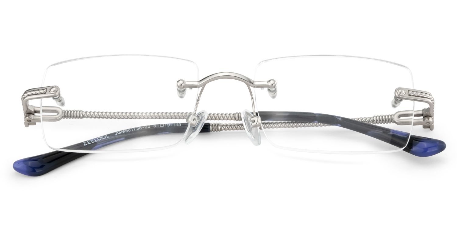 Peavy Silver Rectangle Rimless Eyeglass Frames with Nose Pads3
