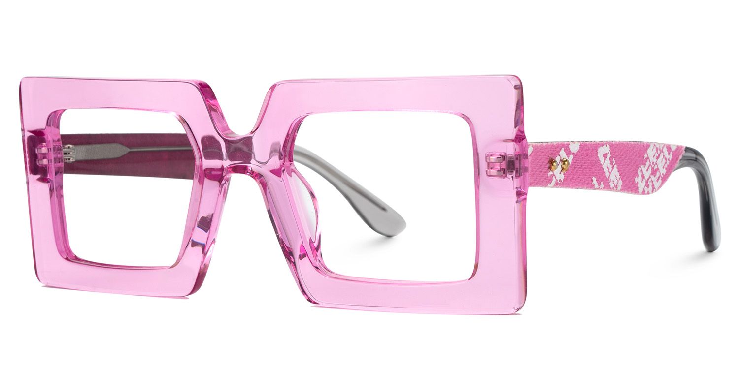 Transparent Pink Chunky Square Glasses with Denim Temples3
