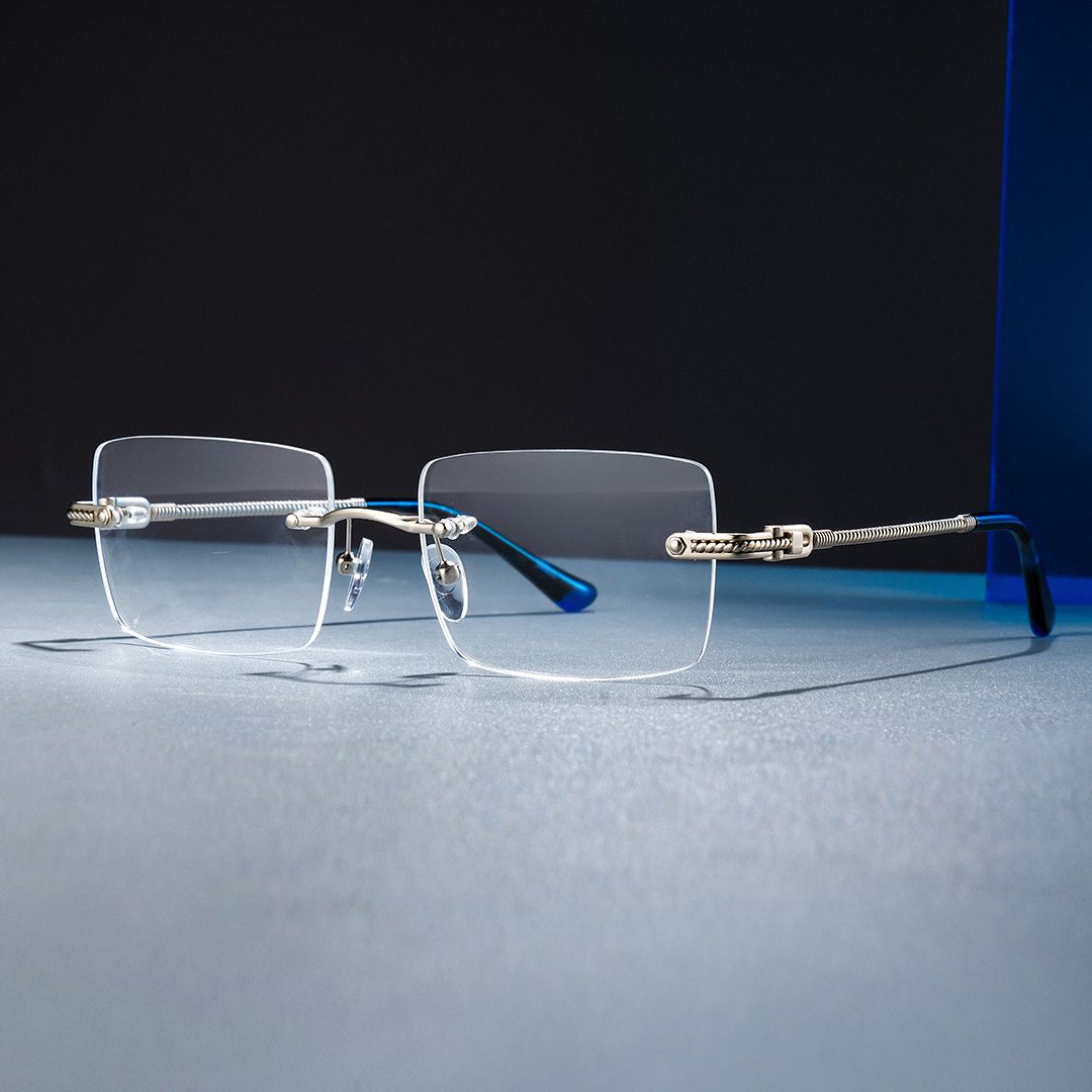 Peavy Silver Rectangle Rimless Eyeglass Frames with Nose Pads1