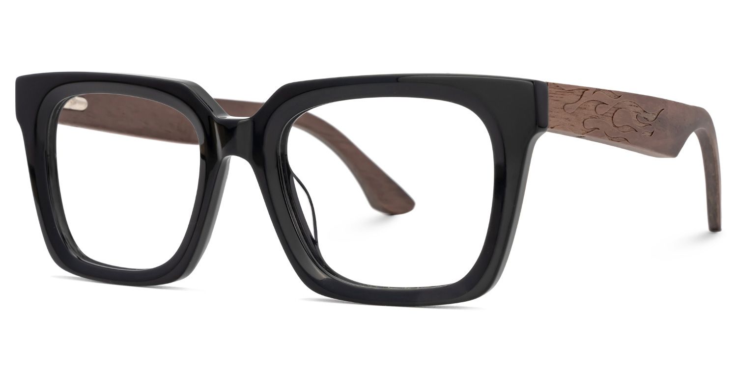 Cabdi Black Square Glasses in Wood Flame Pattern Arms1