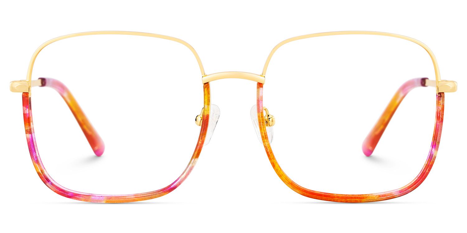 Wade is a pair of square eyeglasses. Its lower frame and temples feature a captivating red floral pa1