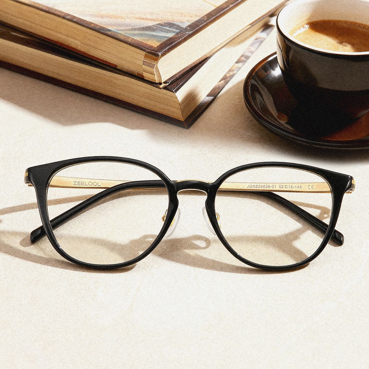 Amanda Rectangle Black Frame Glasses with Gold Trim | ZEELOOL0