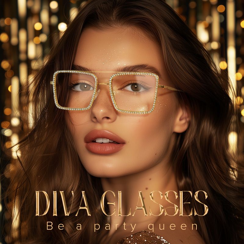 Diva Glasses, Gold Sparkle Eyelasses in Square Frames0
