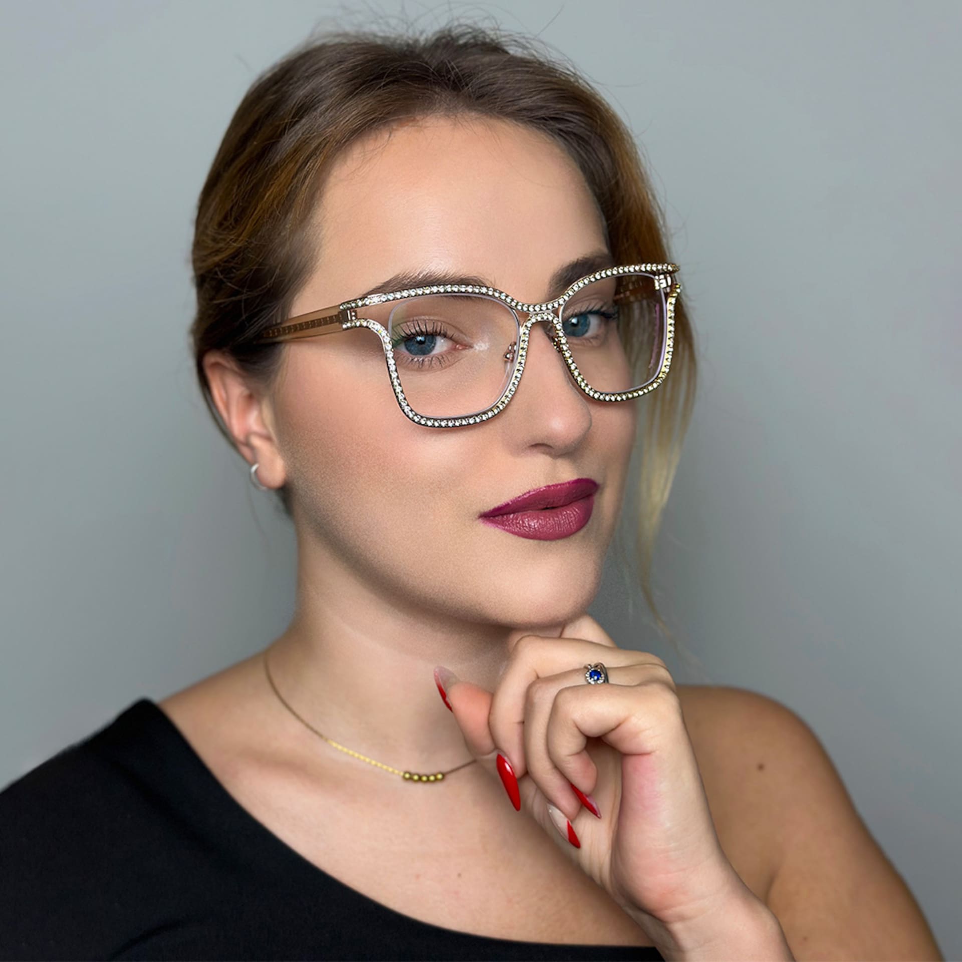 Half Rim Square Glasses With Decorated Shiny Diamonds10