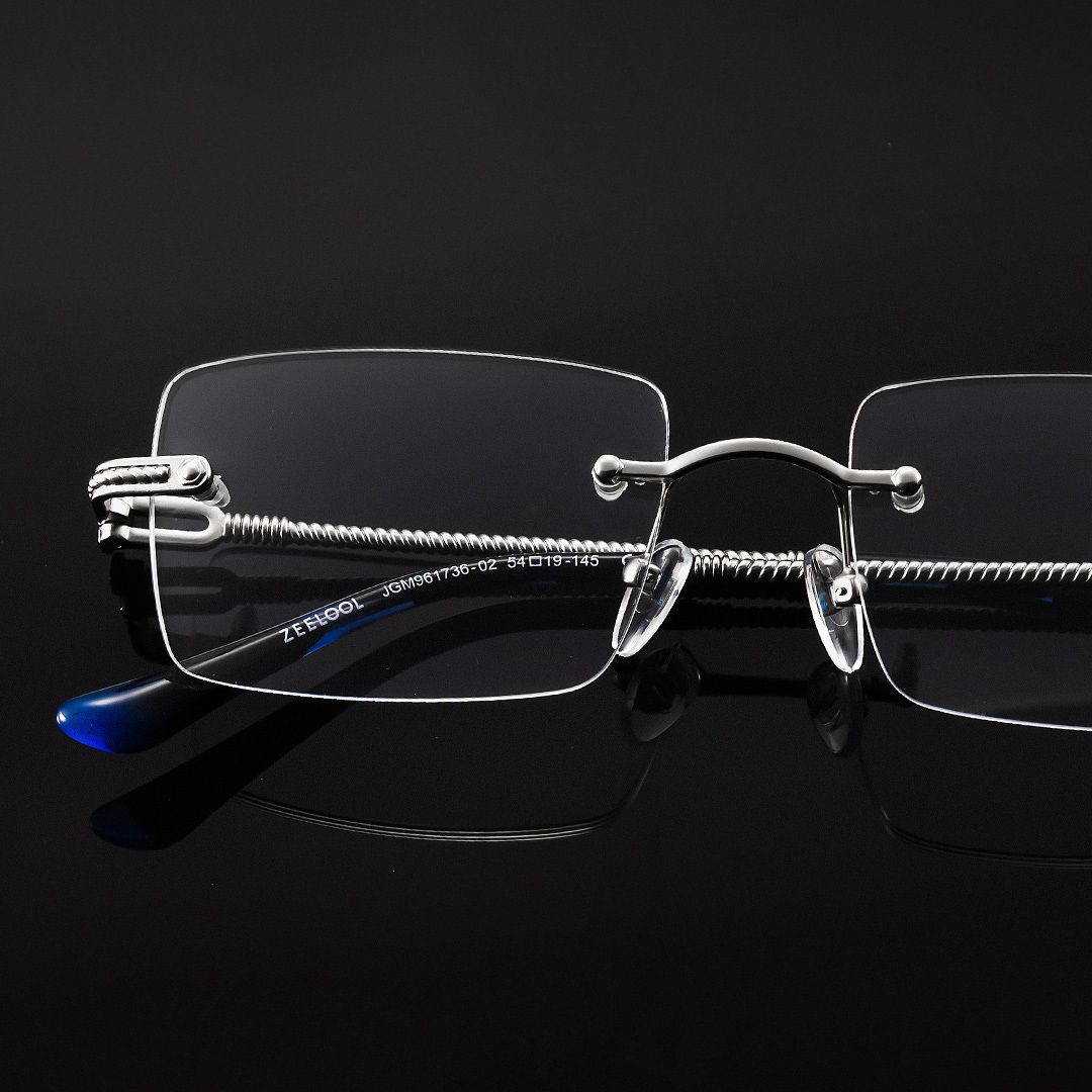 Peavy Silver Rectangle Rimless Eyeglass Frames with Nose Pads0