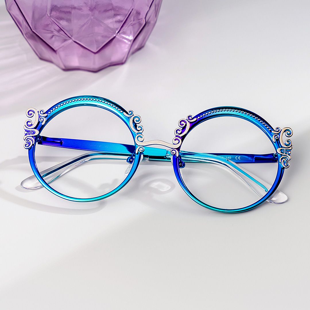 Blue Retro Round Glasses With Carved Floral Pattern0