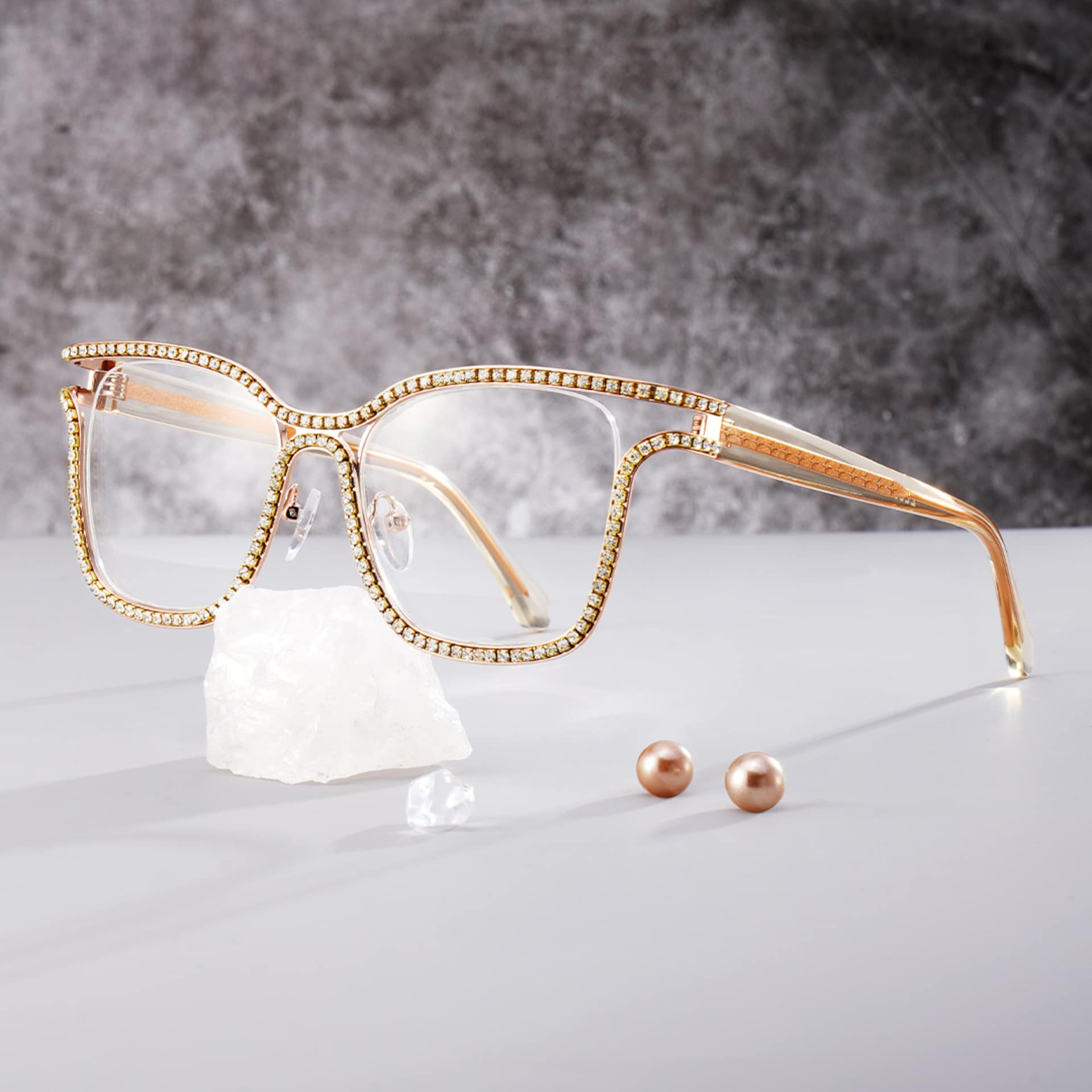 Half Rim Square Glasses With Decorated Shiny Diamonds0