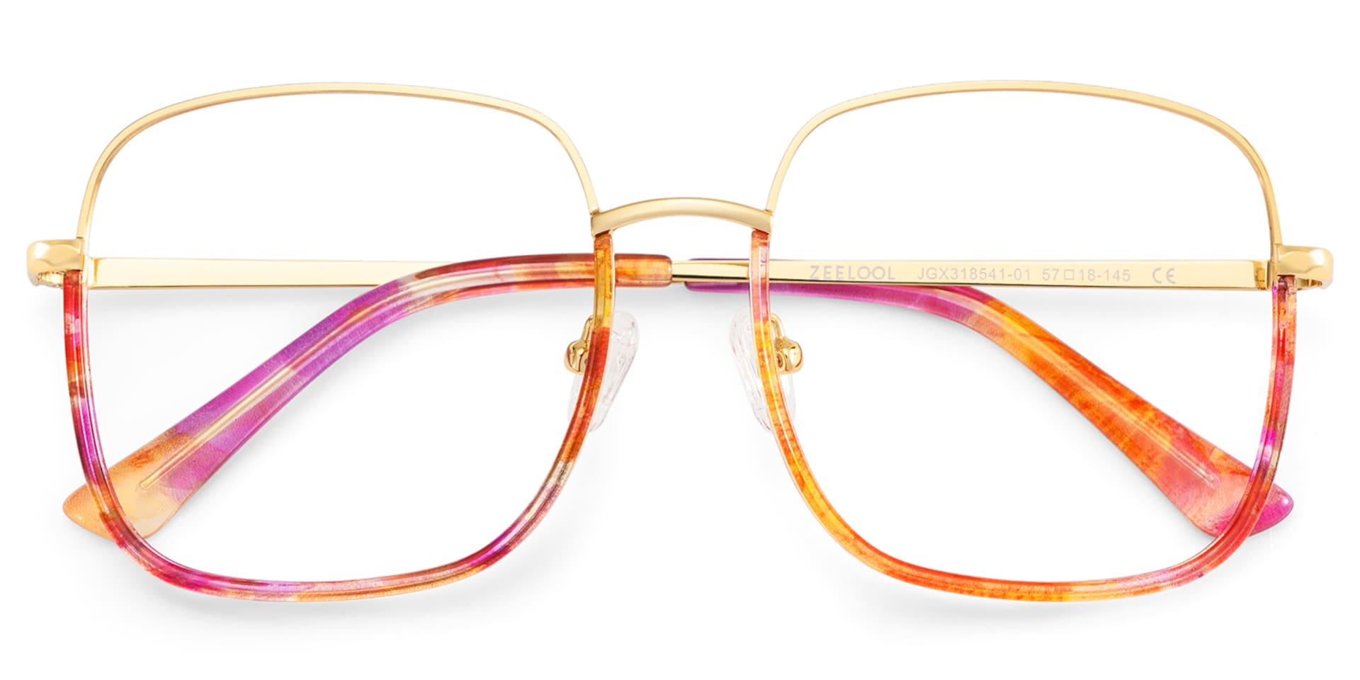 Wade is a pair of square eyeglasses. Its lower frame and temples feature a captivating red floral pa2