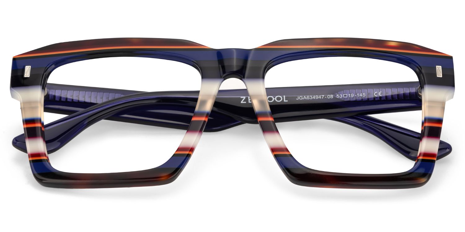 Large Square Frame Eyeglasses With Blue and White Stripes