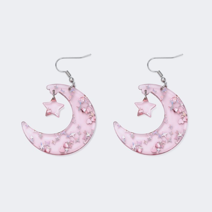 Pretty Shiny Pink Moon With Shiny Star Earrings