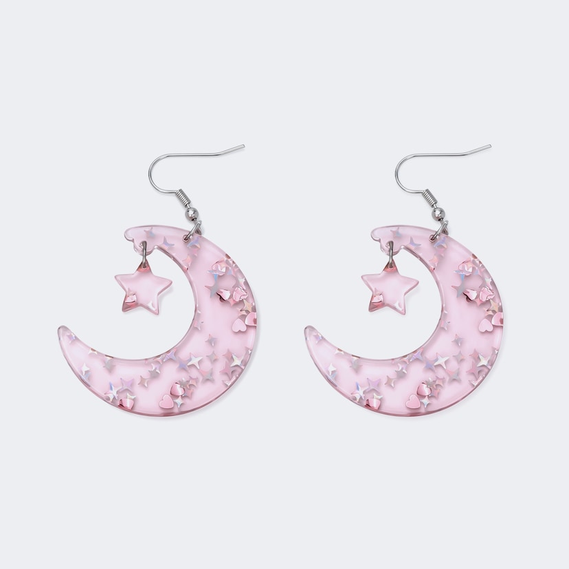 Pretty Shiny Pink Moon With Shiny Star Earrings
