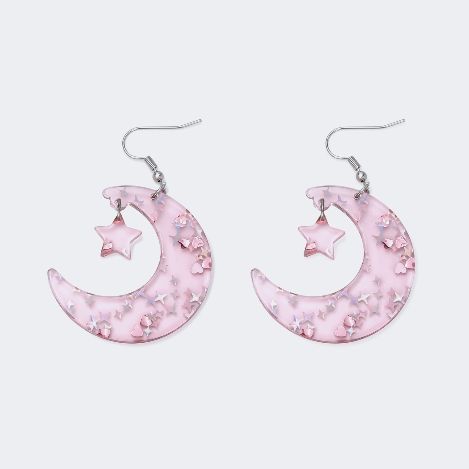 Pretty Shiny Pink Moon With Shiny Star Earrings