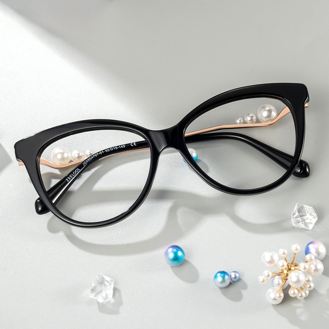 Buy Black Sparkly Cat Eye Glasses With Pearl | Zeelool1