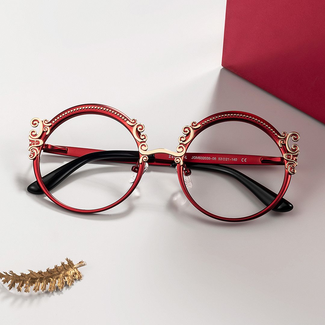 Red Round Glasses Frames With Carved Floral Pattern0