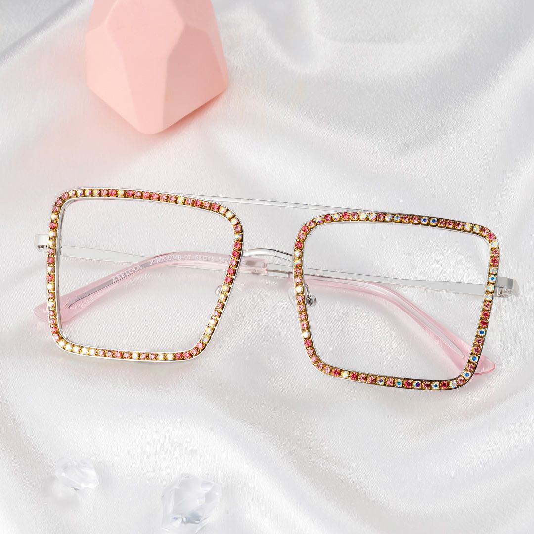 Diva Glasses, Silver Eyeglasses with Pink and White Diamond0