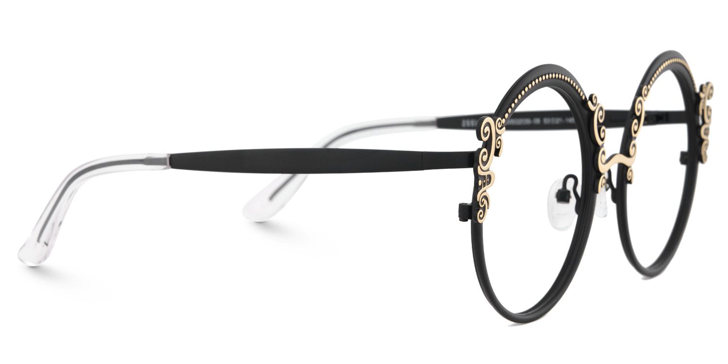 Black Retro Round Glasses With Carved Floral Pattern3