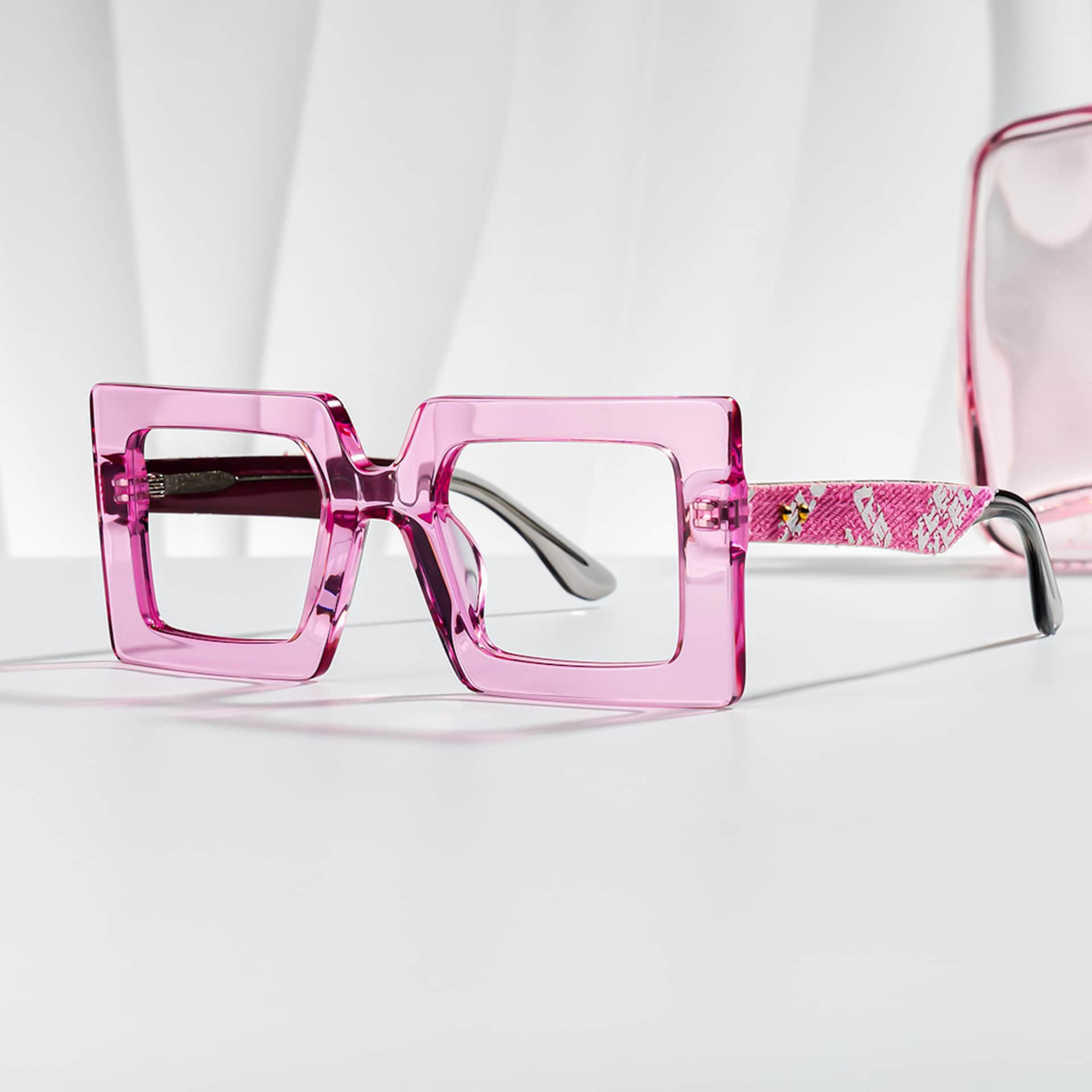 Transparent Pink Chunky Square Glasses with Denim Temples0
