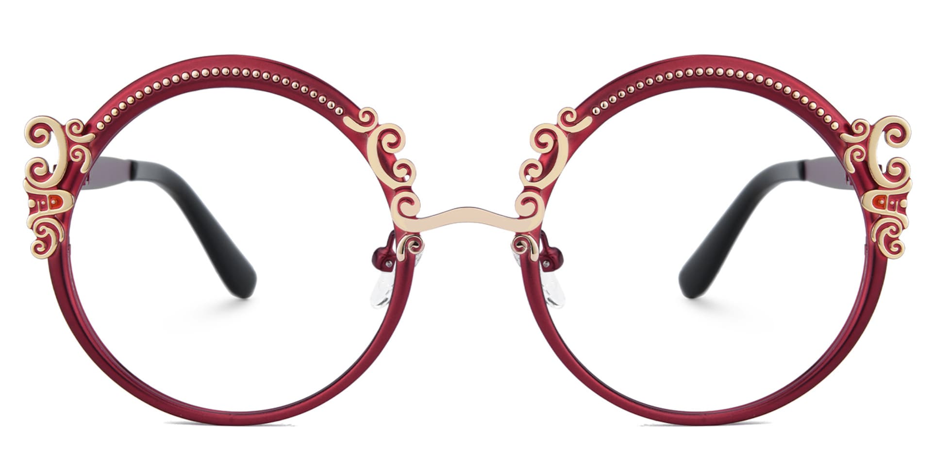 Red Round Glasses Frames With Carved Floral Pattern1