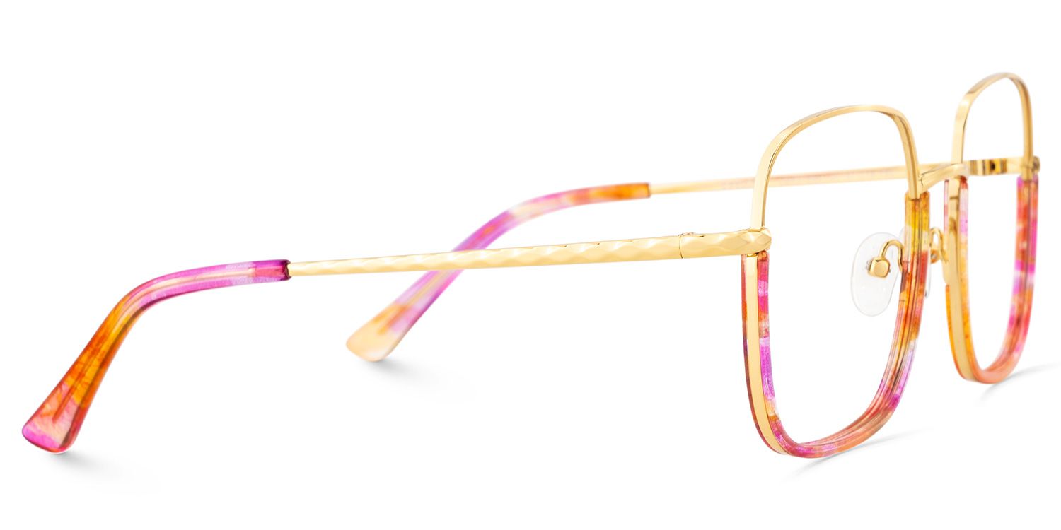 Wade is a pair of square eyeglasses. Its lower frame and temples feature a captivating red floral pa4