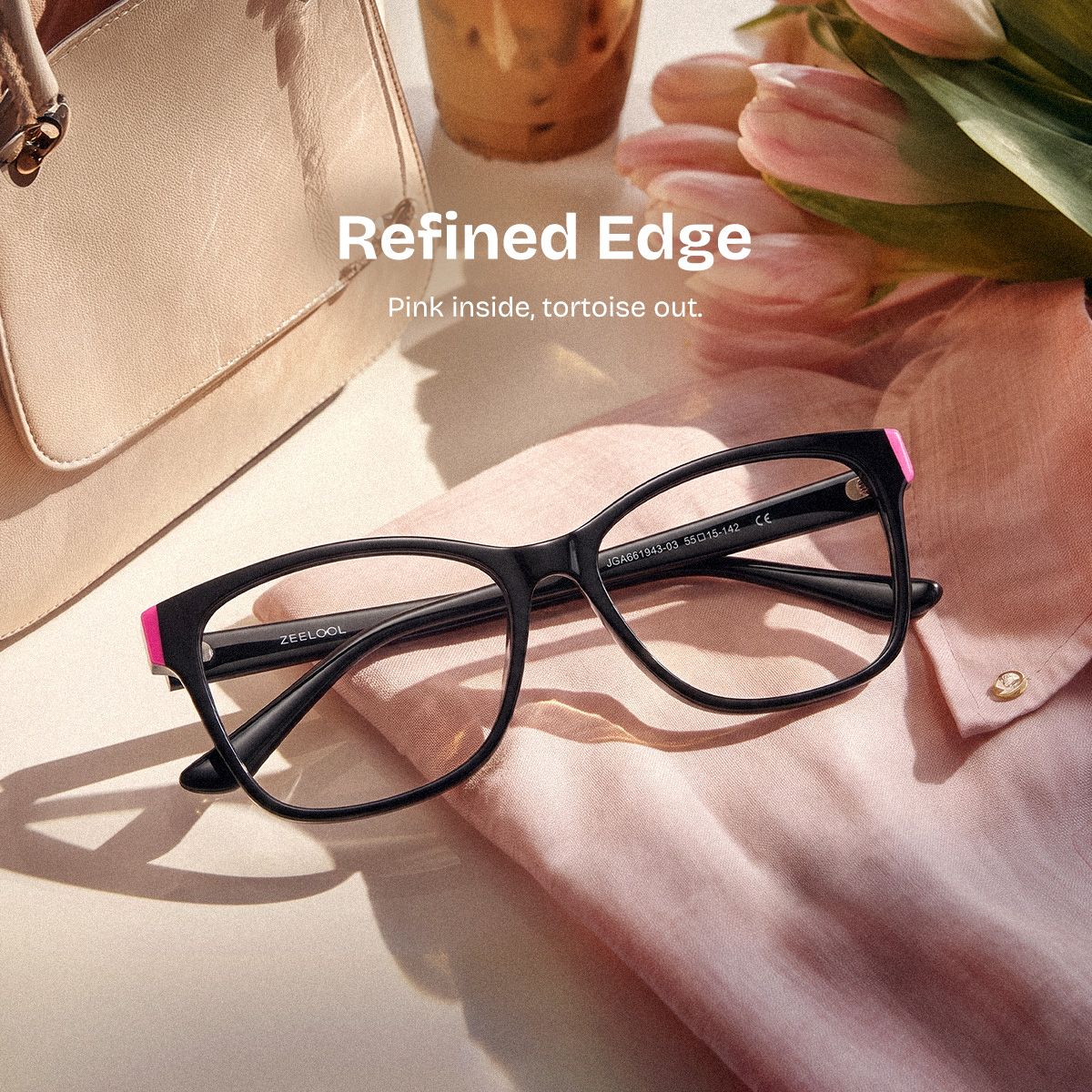 Eva Rectangle Black Pink Color Frame Glasses | ZEELOOL0