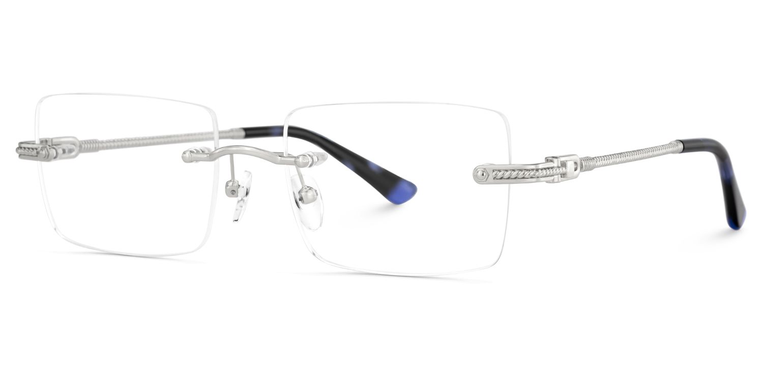 Peavy Silver Rectangle Rimless Eyeglass Frames with Nose Pads4